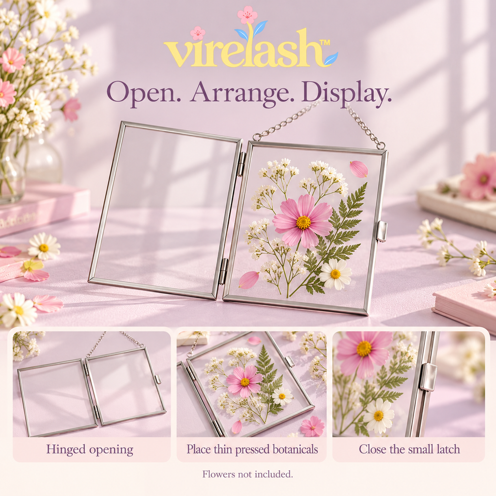 virelash™ PetalPane Floating Glass Frame — 5 × 7-Inch Hanging Pressed Flower Display with Hinged Metal Border