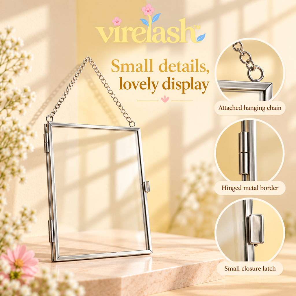virelash™ PetalPane Floating Glass Frame — 5 × 7-Inch Hanging Pressed Flower Display with Hinged Metal Border