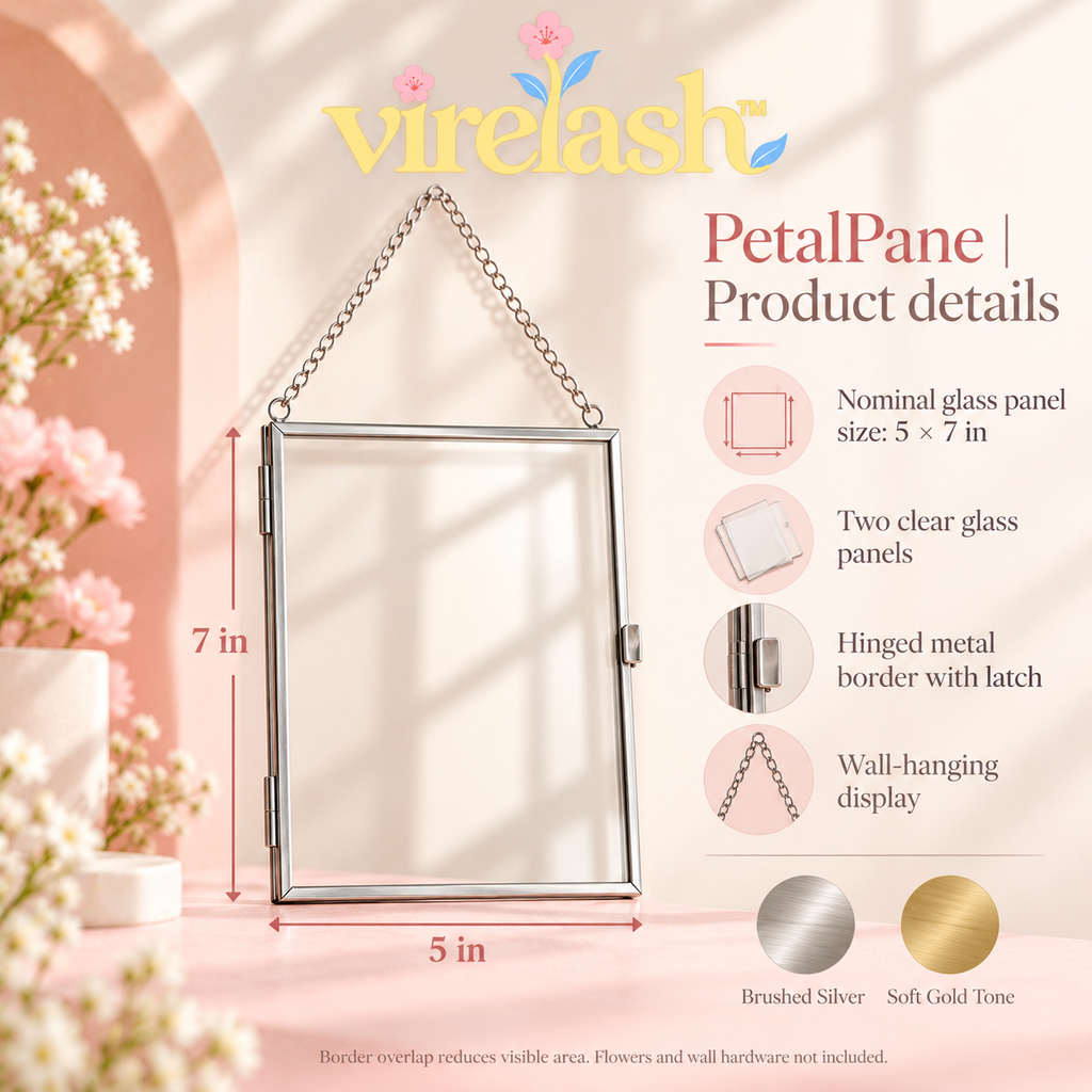 virelash™ PetalPane Floating Glass Frame — 5 × 7-Inch Hanging Pressed Flower Display with Hinged Metal Border
