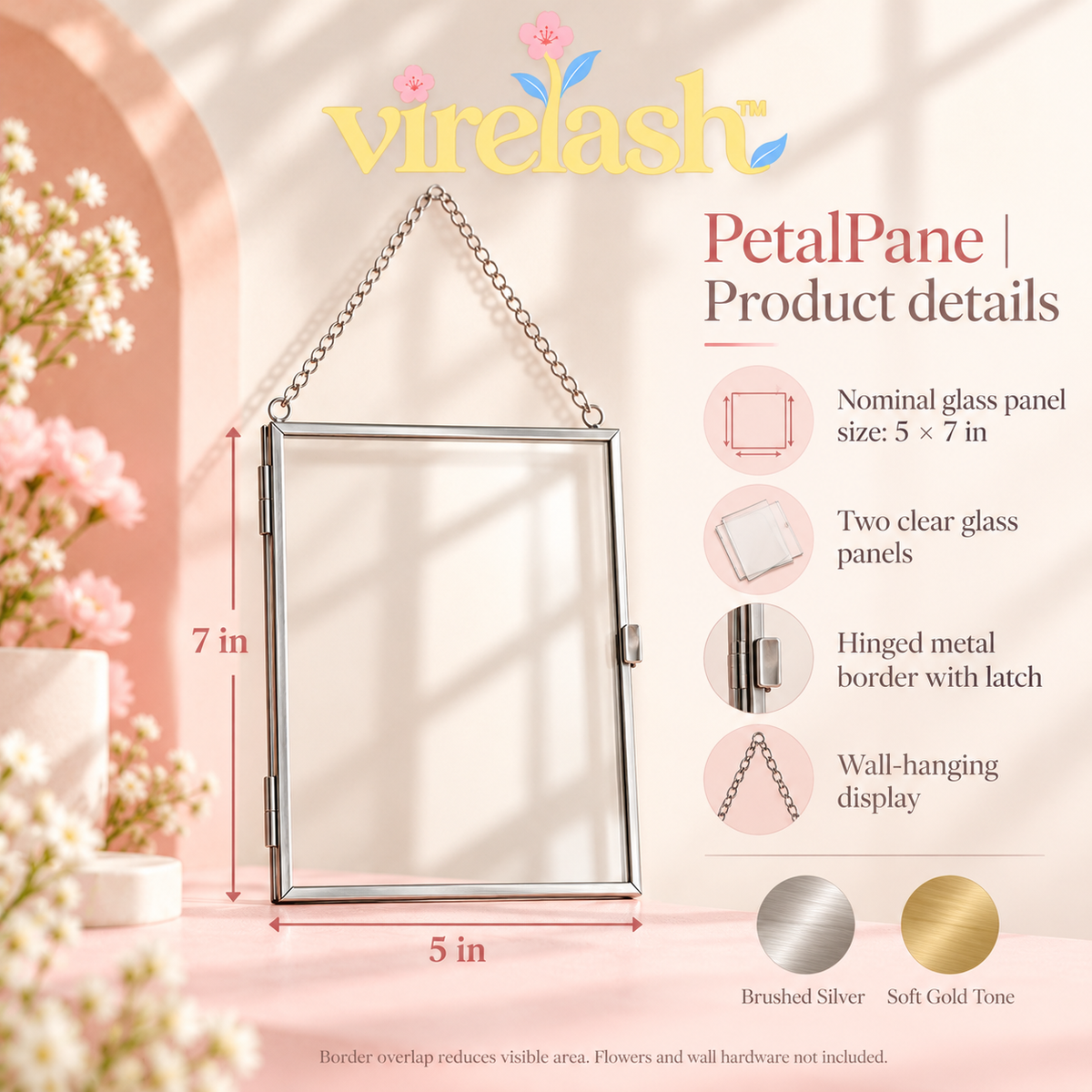 virelash™ PetalPane Floating Glass Frame — 5 × 7-Inch Hanging Pressed Flower Display with Hinged Metal Border