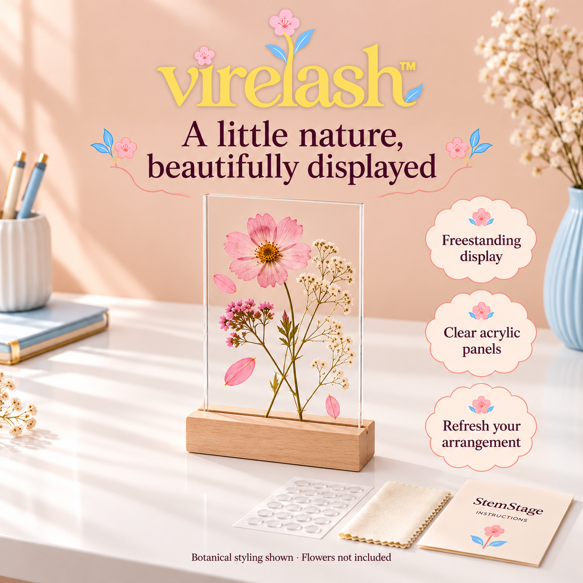 virelash™ StemStage Acrylic Botanical Display — 6 × 8-Inch Double-Panel Pressed Flower Frame with Wooden Tabletop Base
