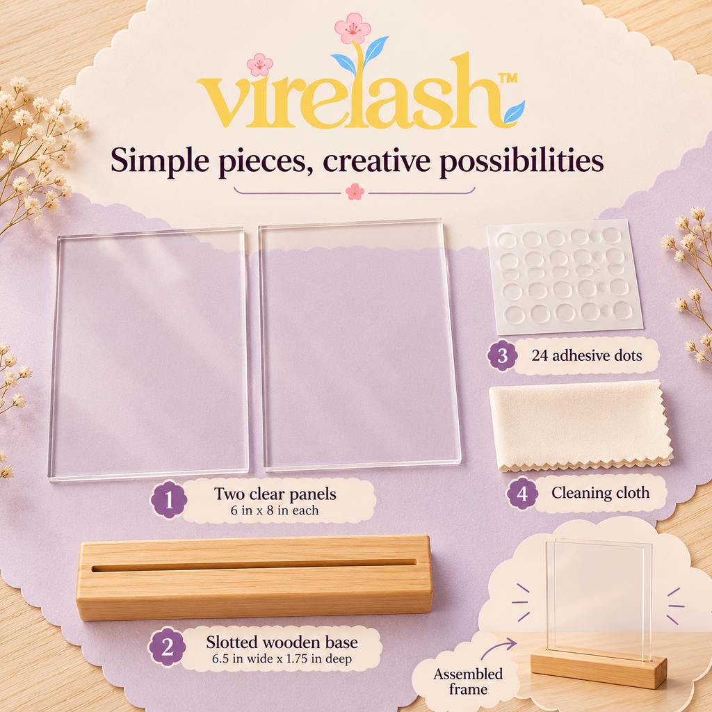 virelash™ StemStage Acrylic Botanical Display — 6 × 8-Inch Double-Panel Pressed Flower Frame with Wooden Tabletop Base