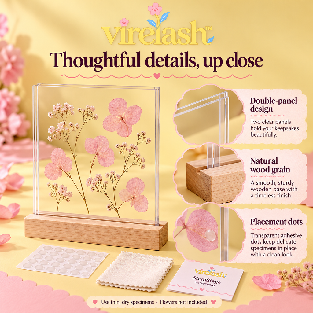 virelash™ StemStage Acrylic Botanical Display — 6 × 8-Inch Double-Panel Pressed Flower Frame with Wooden Tabletop Base