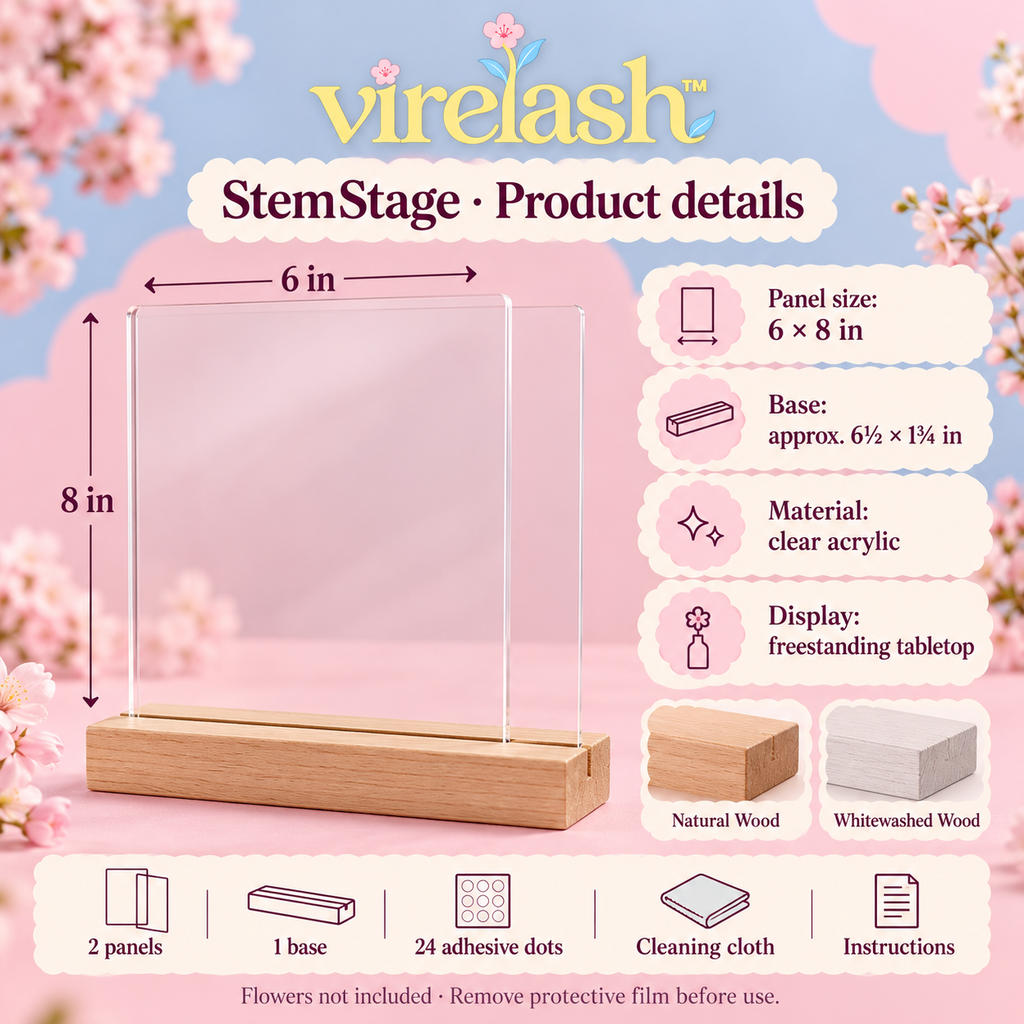 virelash™ StemStage Acrylic Botanical Display — 6 × 8-Inch Double-Panel Pressed Flower Frame with Wooden Tabletop Base