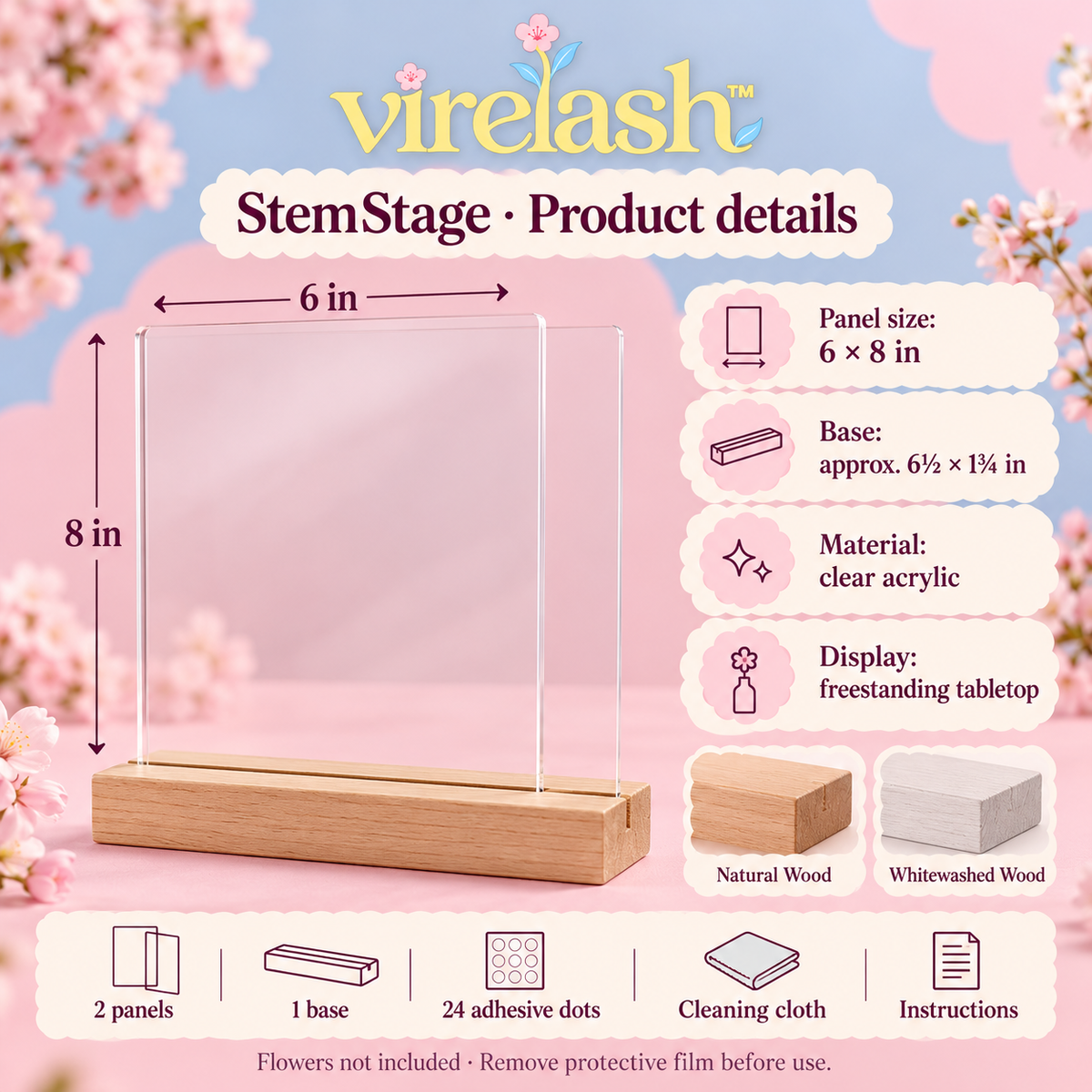 virelash™ StemStage Acrylic Botanical Display — 6 × 8-Inch Double-Panel Pressed Flower Frame with Wooden Tabletop Base