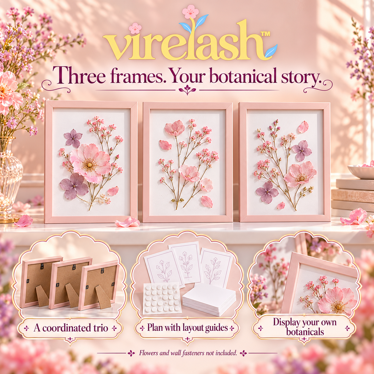 virelash™ MeadowGallery Pressed Flower Frame Kit — Three 4 × 6-Inch Botanical Display Frames with Mounting Cards & Layout Guides