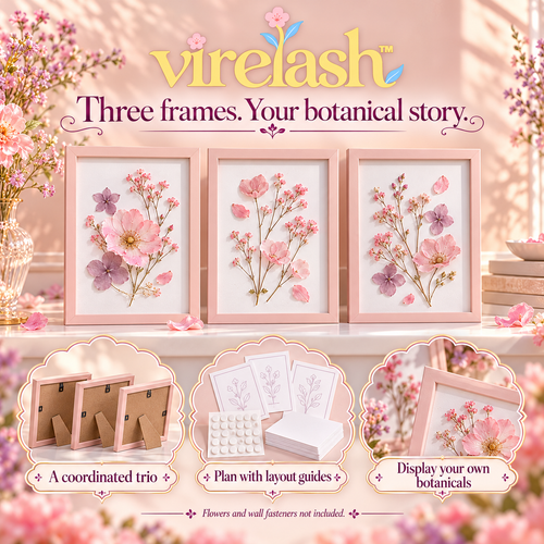virelash™ MeadowGallery Pressed Flower Frame Kit — Three 4 × 6-Inch Botanical Display Frames with Mounting Cards & Layout Guides