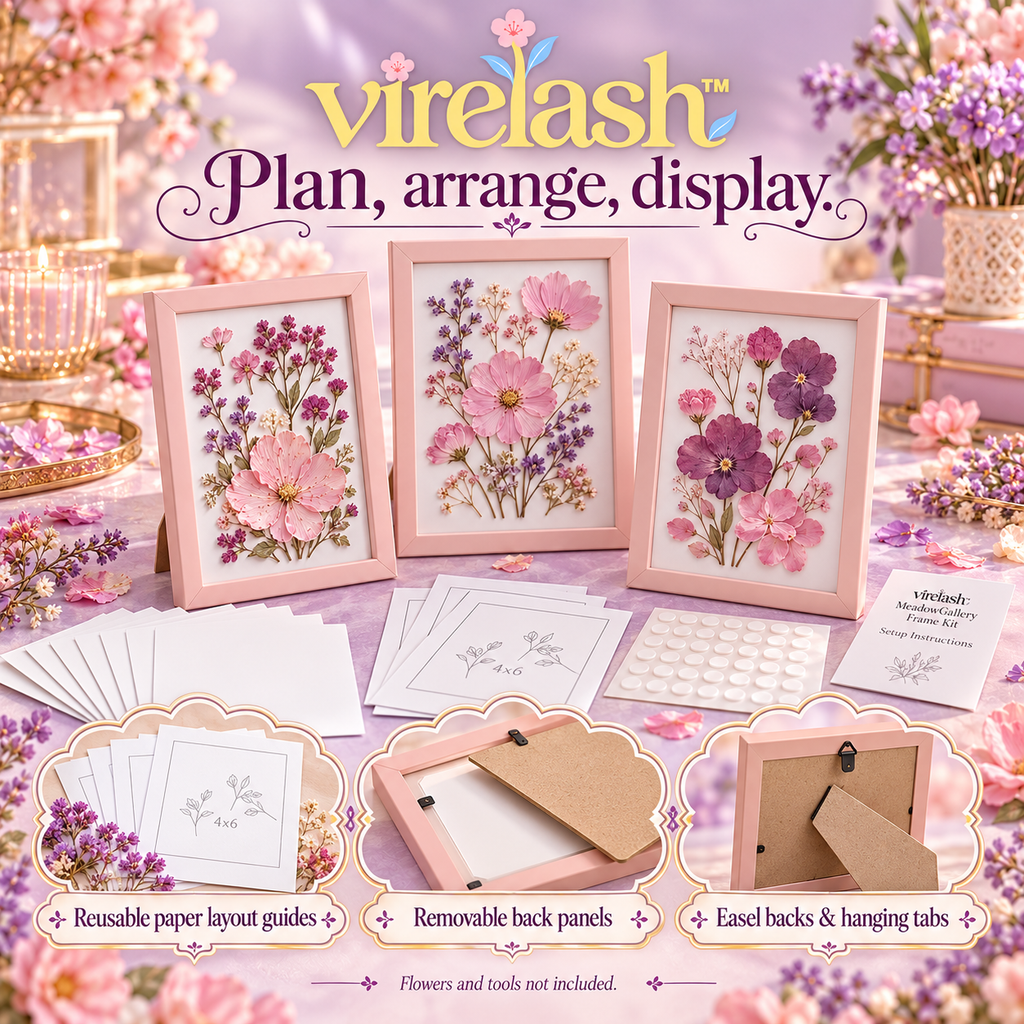 virelash™ MeadowGallery Pressed Flower Frame Kit — Three 4 × 6-Inch Botanical Display Frames with Mounting Cards & Layout Guides