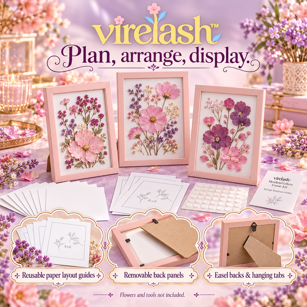 virelash™ MeadowGallery Pressed Flower Frame Kit — Three 4 × 6-Inch Botanical Display Frames with Mounting Cards & Layout Guides