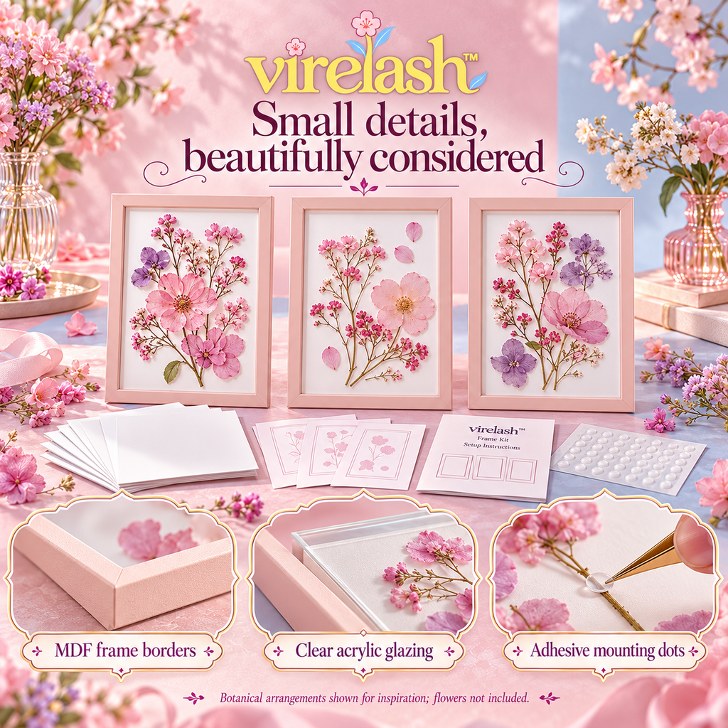 virelash™ MeadowGallery Pressed Flower Frame Kit — Three 4 × 6-Inch Botanical Display Frames with Mounting Cards & Layout Guides