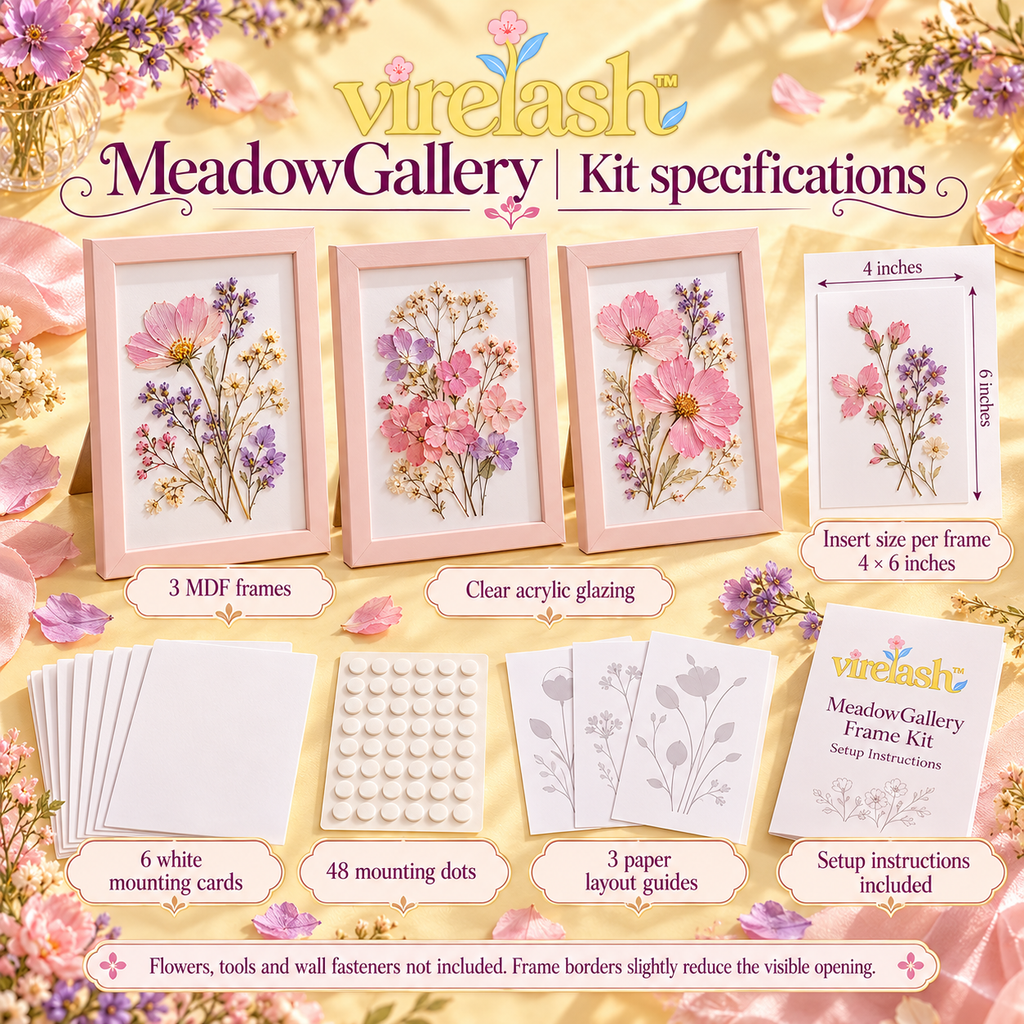 virelash™ MeadowGallery Pressed Flower Frame Kit — Three 4 × 6-Inch Botanical Display Frames with Mounting Cards & Layout Guides